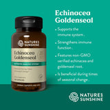 Nature's Sunshine Echinacea Goldenseal dietary supplement bottle on a teal background with product benefits text.