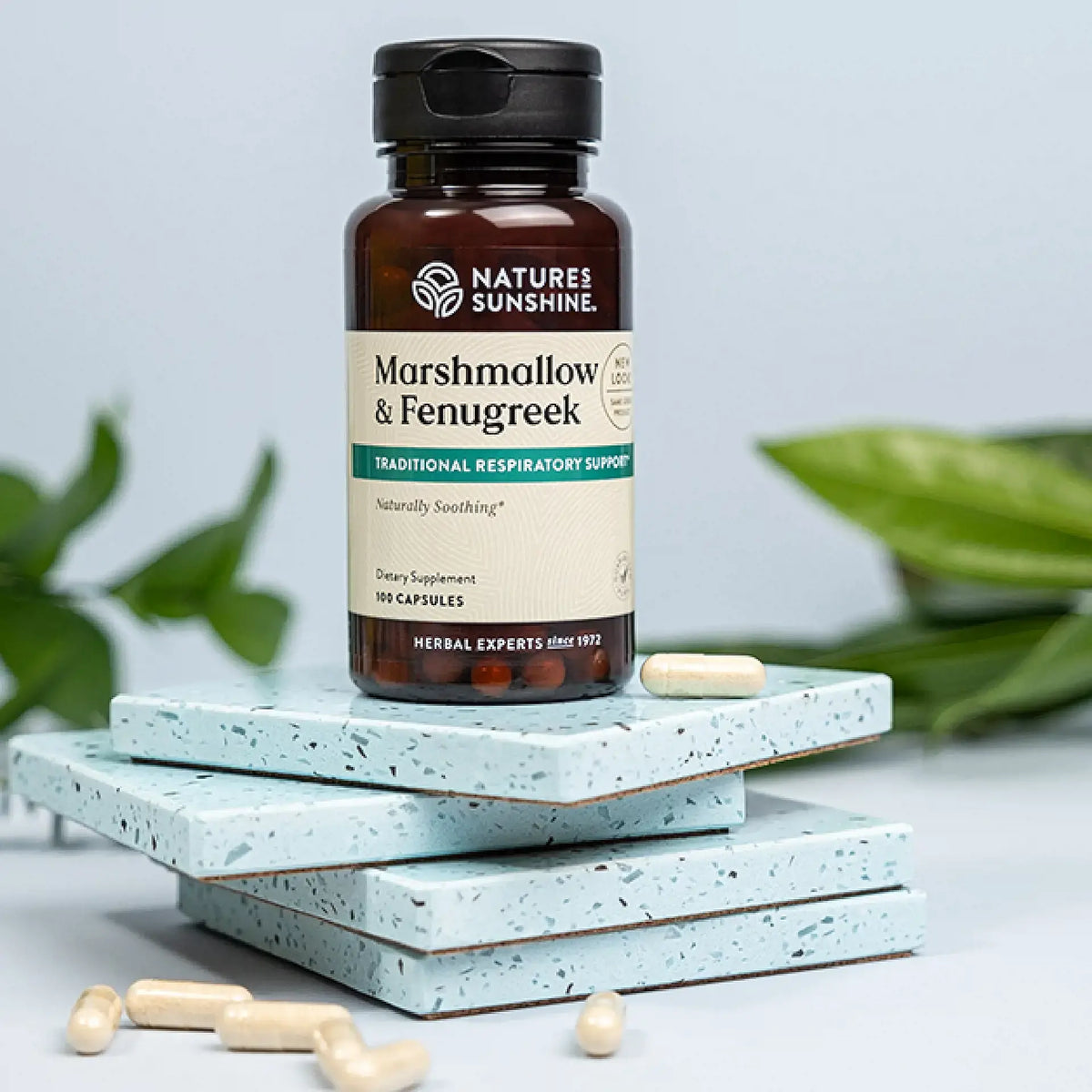 Nature's Sunshine Marshmellow & Fenugreek herbal supplement bottle, displayed on a stack of light blue speckled tiles with loose capsules scattered around, set against a soft gray background with blurred green leaves.