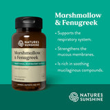 Nature's Sunshine Marshmallow & Fenugreek herbal supplement bottle on a teal background with product benefits text on the right.