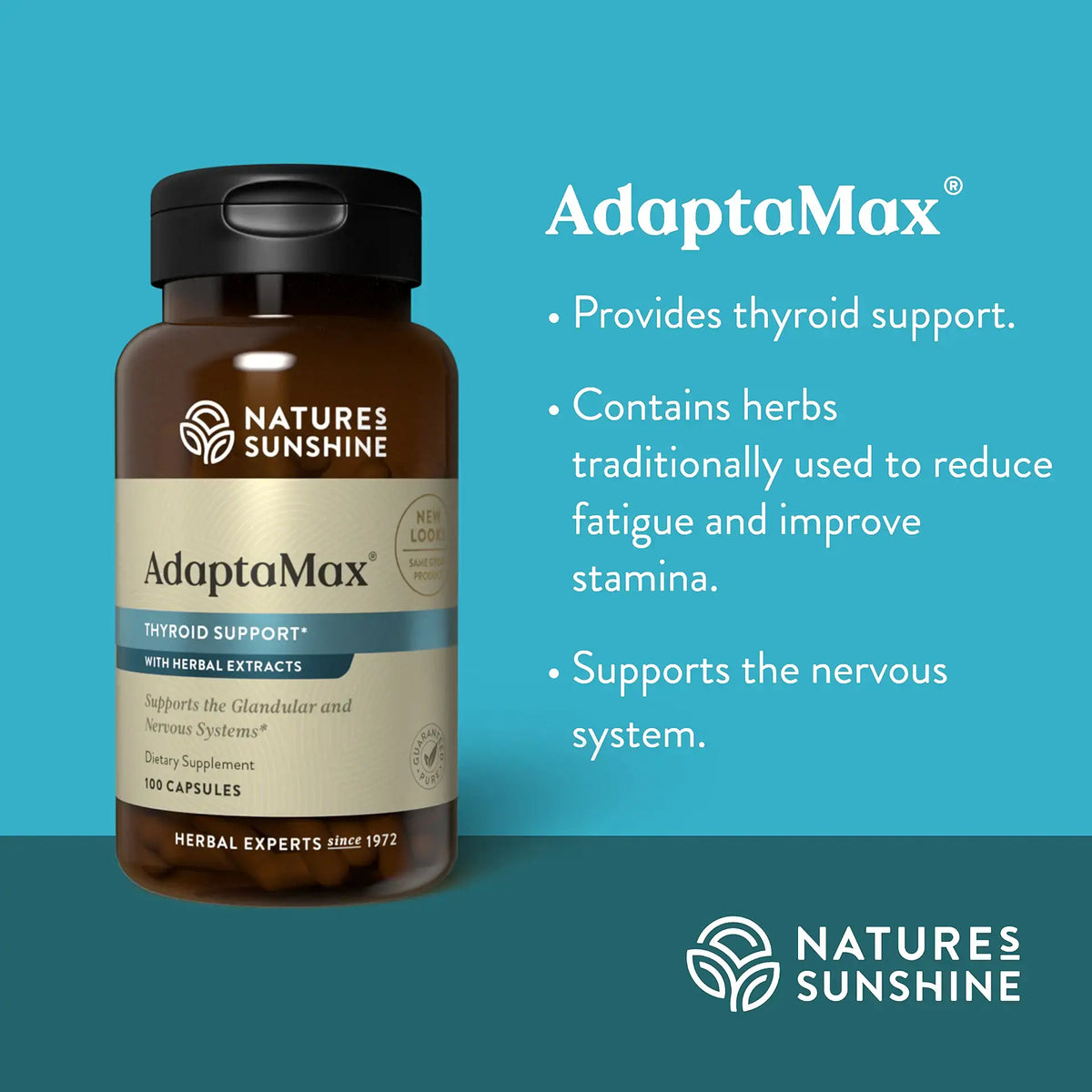 Natures Sunshine AdaptaMax supplement bottle on a blue background with product details.