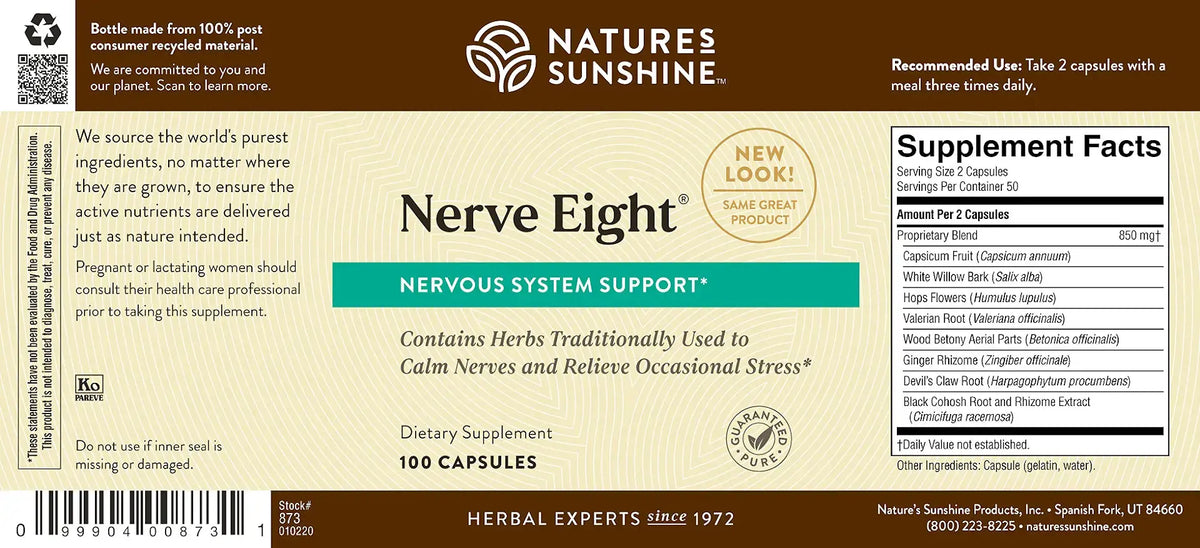 Natures Sunshine Nerve Eight dietary supplement label showing product details, supplement facts, and a barcode on a beige and white background.