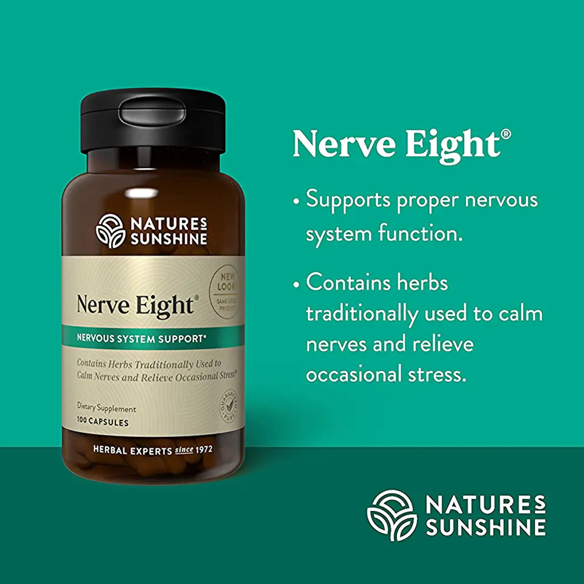 Nature's Sunshine Nerve Eight herbal supplement bottle on a teal background with product text and branding.