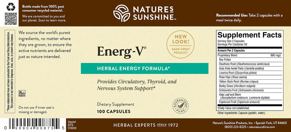 Natures Sunshine Ener-V Herbal Energy Formula dietary supplement bottle label, showing 100 capsules, with a brown and beige design and supplement facts panel.