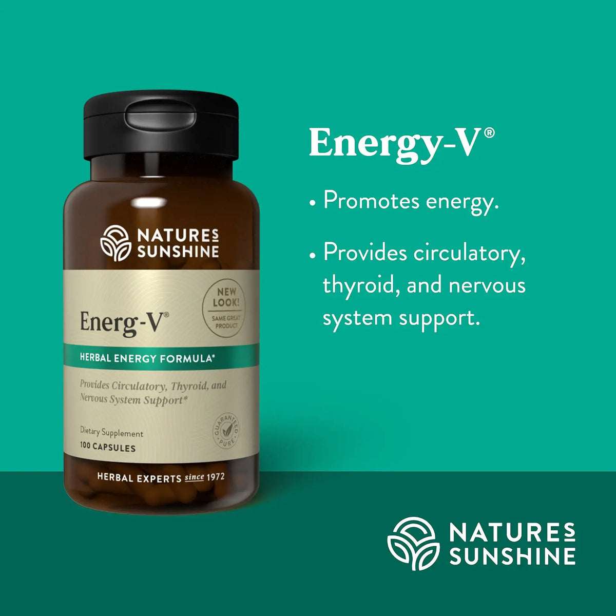 Nature's Sunshine Energy-V herbal supplement bottle on a teal background with product text and branding.