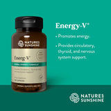 Nature's Sunshine Energy-V herbal supplement bottle on a teal background with product text and branding.