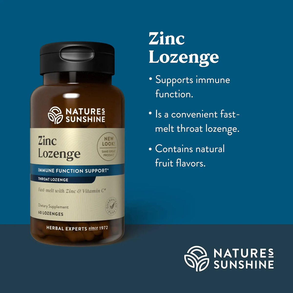 Natures Sunshine Zinc Lozenge herbal supplement bottle on a dark blue background with product details and benefits listed on the right.