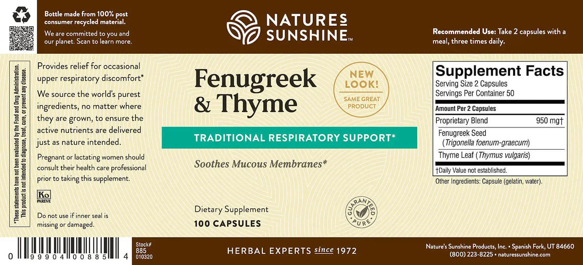 Front and back label of Nature's Sunshine Fenugreek and Thyme herbal supplement capsules, showing product name, ingredients, dosage, and supplement facts.