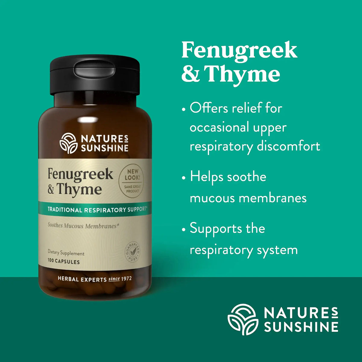 Nature's Sunshine Fenugreek & Thyme dietary supplement bottle on a teal background with product benefits listed on the right.
