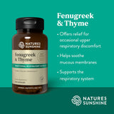 Nature's Sunshine Fenugreek & Thyme dietary supplement bottle on a teal background with product benefits listed on the right.
