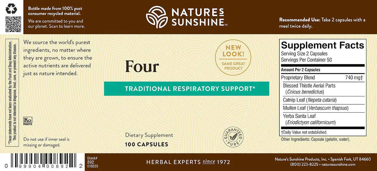 The back of a Nature's Sunshine Four Traditional Respiratory Support dietary supplement box, showing the supplement facts, ingredients list, and barcode on a beige background.