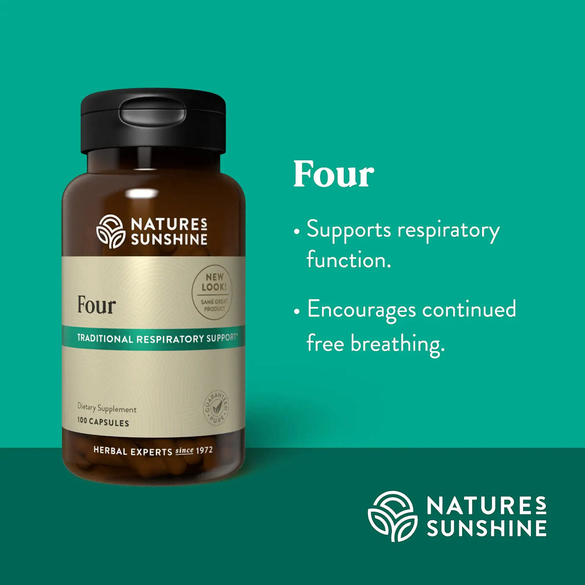 Natures Sunshine Four herbal supplement bottle on a teal background with text describing respiratory support benefits.