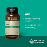Natures Sunshine Four herbal supplement bottle on a teal background with text describing respiratory support benefits.