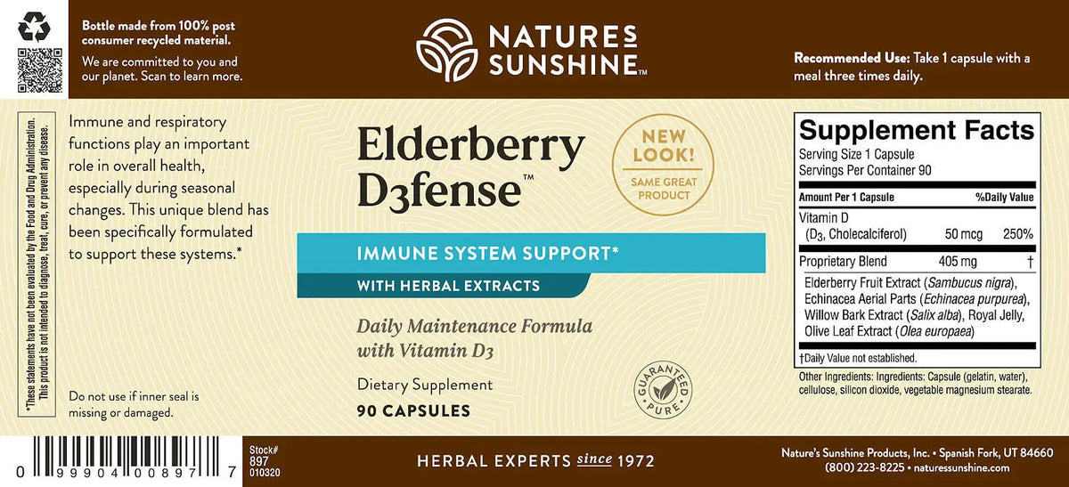 Natures Sunshine Elderberry D3fense supplement label with text and branding.