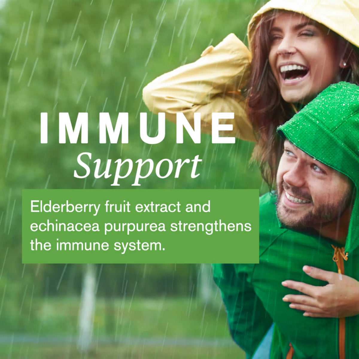A smiling couple in raincoats hugging in the rain, with large text reading 'IMMUNE Support' and a green box that says 'Elderberry fruit extract and echinacea purpurea strengthens the immune system.'.