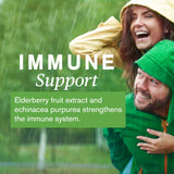 A smiling couple in raincoats hugging in the rain, with large text reading 'IMMUNE Support' and a green box that says 'Elderberry fruit extract and echinacea purpurea strengthens the immune system.'.