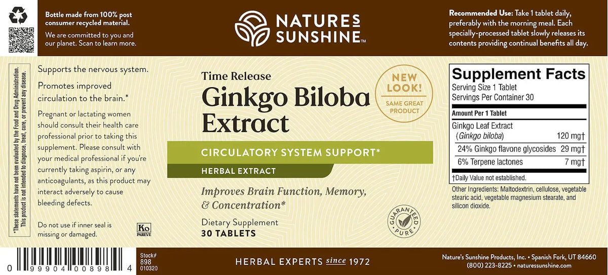 Front and back label of Nature's Sunshine Ginkgo Biloba Extract dietary supplement, showing product name, supplement facts, and usage information on a white background.