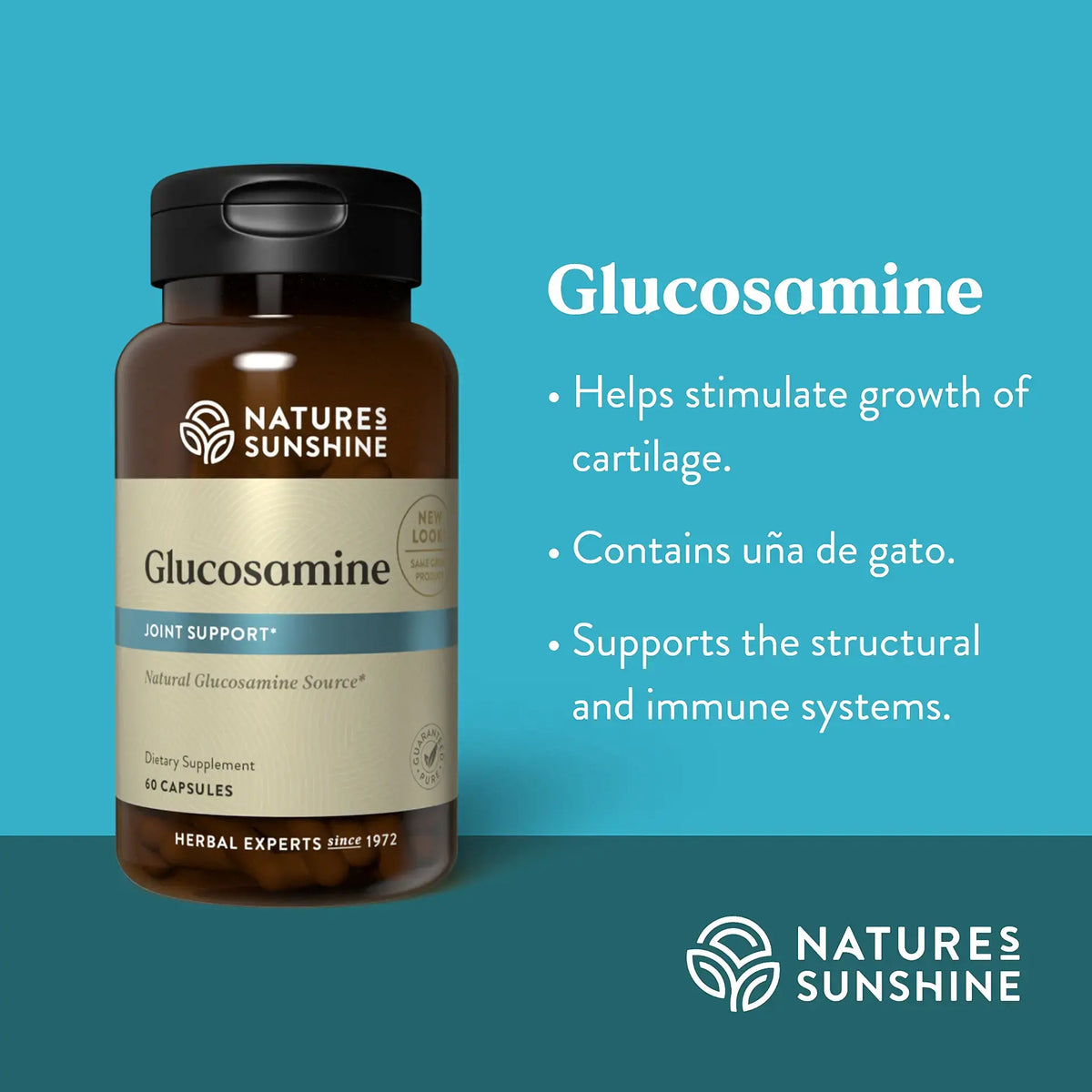 Nature's Sunshine Glucosamine Joint Support supplement bottle on a teal background with Spanish text describing benefits of glucosamine.