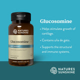Nature's Sunshine Glucosamine Joint Support supplement bottle on a teal background with Spanish text describing benefits of glucosamine.