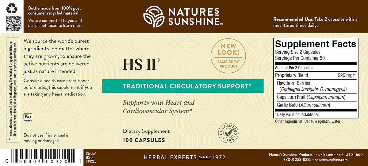 Natures Sunshine HS II Traditional Circulatory Support dietary supplement bottle label showing 100 capsules, with Supplement Facts and barcode on a beige background.