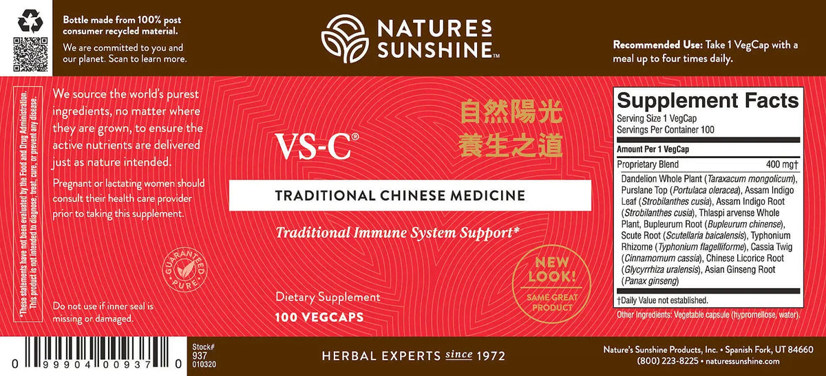 Natures Sunshine VS-C Traditional Chinese Medicine dietary supplement bottle label, showing red and white packaging with supplement facts and a barcode.