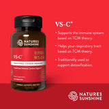 A bottle of Nature's Sunshine VS-C Traditional Chinese Medicine dietary supplement on a red background with product benefits text.