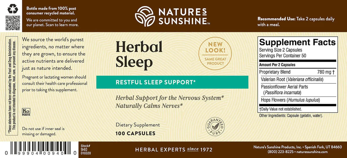 The back of a Nature's Sunshine Herbal Sleep dietary supplement bottle, showing the label design with product details, ingredients, and supplement facts.
