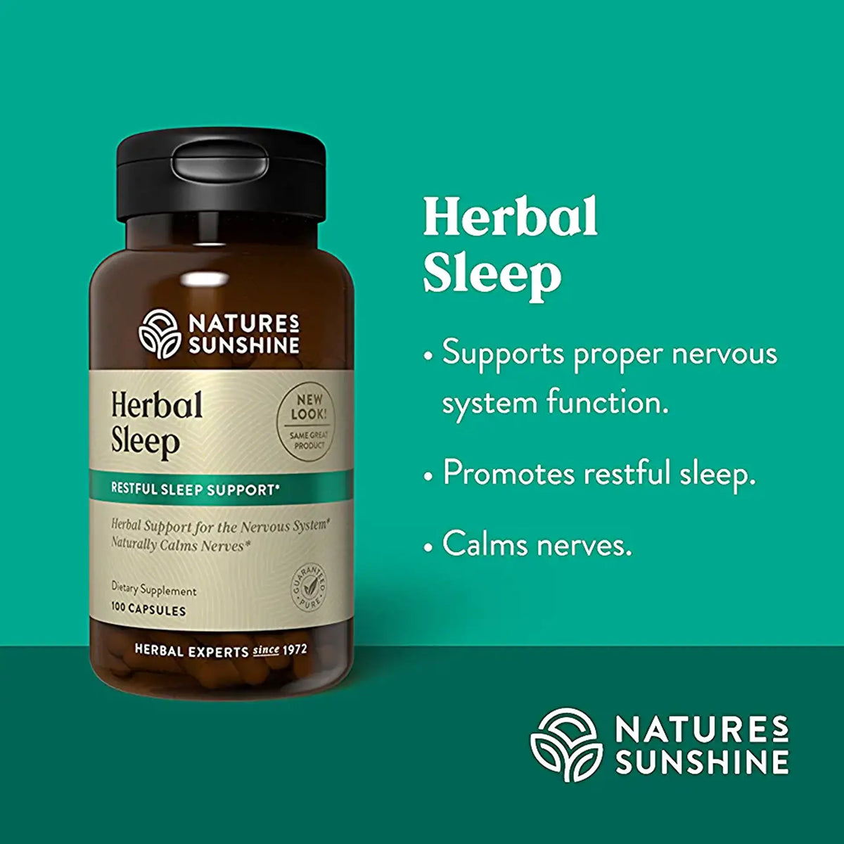 Nature's Sunshine Herbal Sleep dietary supplement bottle on a teal background with text describing benefits for herbal sleep support.