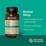 Nature's Sunshine Herbal Sleep dietary supplement bottle on a teal background with text describing benefits for herbal sleep support.
