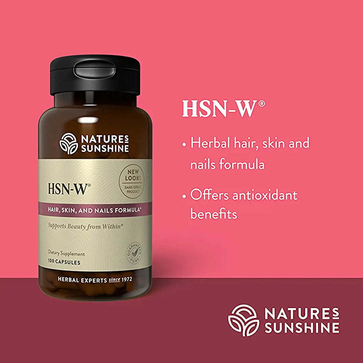Nature's Sunshine HSN-W herbal hair, skin, and nails formula supplement bottle on a pink and magenta gradient background with product text.