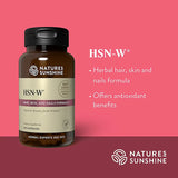 Nature's Sunshine HSN-W herbal hair, skin, and nails formula supplement bottle on a pink and magenta gradient background with product text.