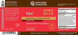 Natures Sunshine VS-C Traditional Chinese Medicine Concentrate supplement facts and label design, featuring a red and brown color scheme with supplement details on the right.