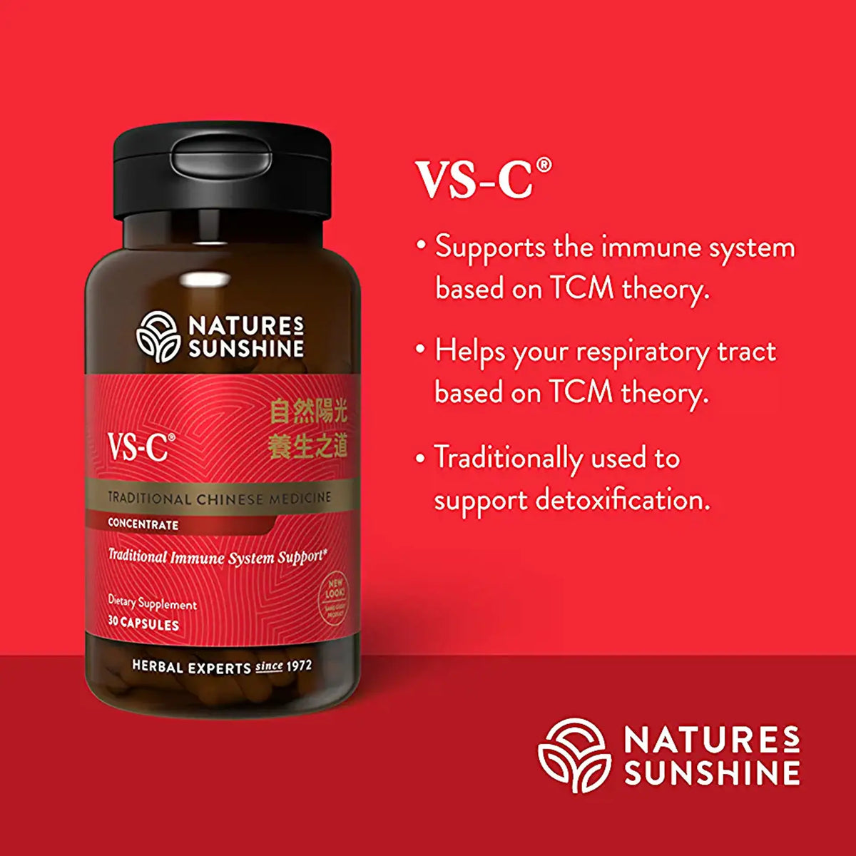 Nature's Sunshine VS-C Traditional Chinese Medicine dietary supplement bottle on a red background with white text describing its immune and respiratory support benefits.