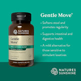 Natures Sunshine Gentle Move stool softener blend in a dark amber bottle with a black cap, set against a teal background with product benefits listed on the right.