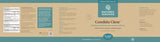 A long, narrow product information card for Nature's Sunshine Candida Clear, showing supplement facts, usage directions, and product details on a tan background with teal panels.
