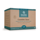 Nature's Sunshine Candida Clear dietary supplement box, 14-day supply, featuring a kraft paper style front with teal blue branding panels and text.