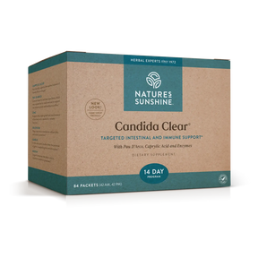 Nature's Sunshine Candida Clear dietary supplement box, 14-day supply, featuring a kraft paper style front with teal blue branding panels and text.