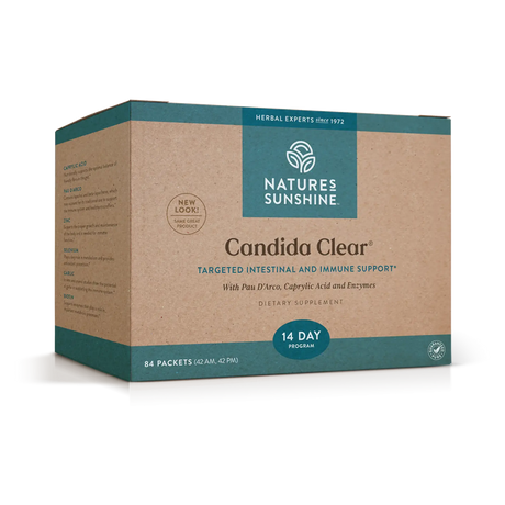 Nature's Sunshine Candida Clear dietary supplement box, 14-day supply, featuring a kraft paper style front with teal blue branding panels and text.