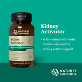 Natures Sunshine Kidney Activator dietary supplement bottle on a teal background with product information text.