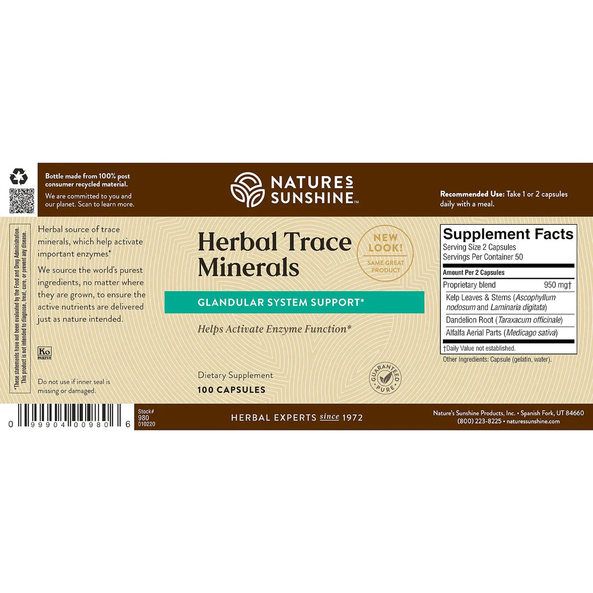 Front of a Nature's Sunshine Herbal Trace Minerals supplement box, showing product name, supplement facts panel, and barcode on a brown and beige label.
