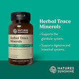 Nature's Sunshine Herbal Trace Minerals dietary supplement bottle on a teal background with product text and branding.
