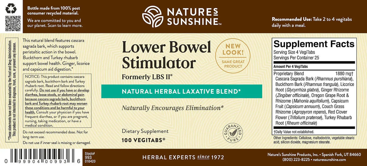 The back of a Nature's Sunshine Lower Bowel Stimulator dietary supplement bottle, showing the label design, ingredients, and supplement facts on a white background.
