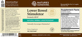 The back of a Nature's Sunshine Lower Bowel Stimulator dietary supplement bottle, showing the label design, ingredients, and supplement facts on a white background.