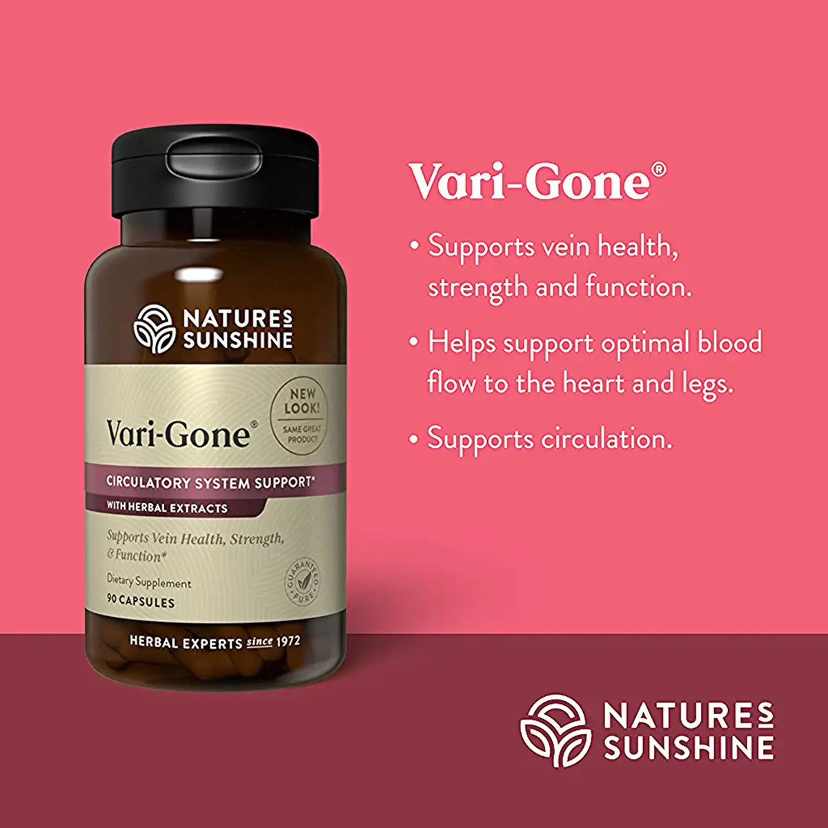 Natures Sunshine Vari-Gone Circulatory System Support dietary supplement bottle on a pink and magenta gradient background with product benefits text.