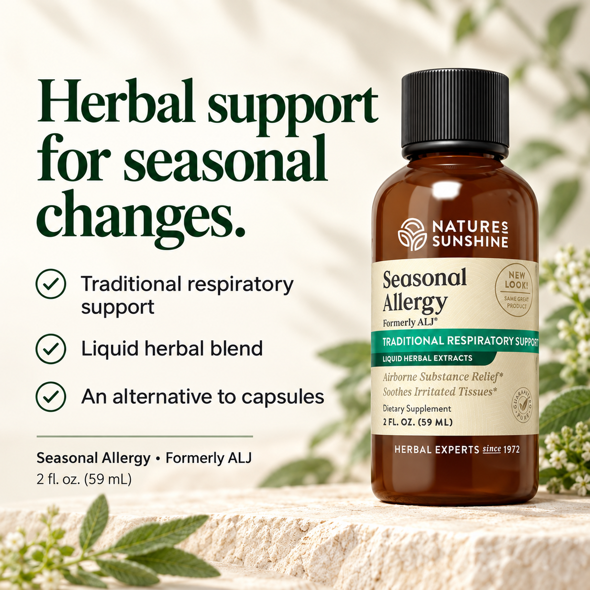 A bottle of Nature's Sunshine Seasonal Allergy herbal supplement shown on a light stone surface with green leaves around it. Large text on the left reads 'Herbal support for seasonal changes' with bullet points about traditional respiratory support, liquid herbal blend, and an alternative to capsules.