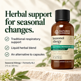 A bottle of Nature's Sunshine Seasonal Allergy herbal supplement shown on a light stone surface with green leaves around it. Large text on the left reads 'Herbal support for seasonal changes' with bullet points about traditional respiratory support, liquid herbal blend, and an alternative to capsules.