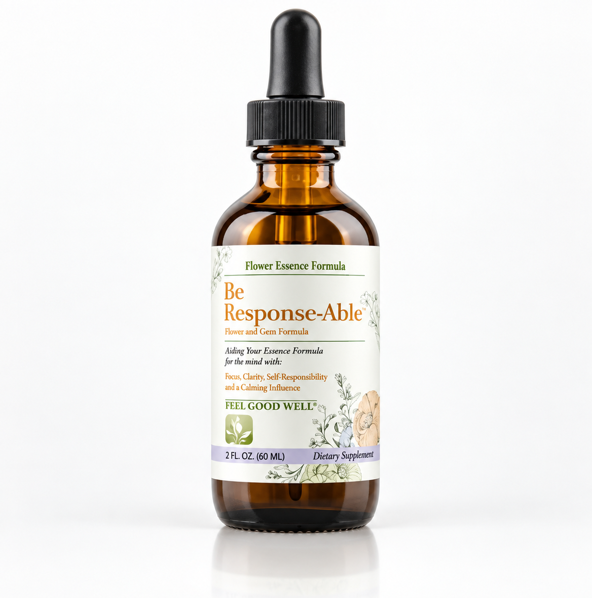 An amber glass dropper bottle of Be Response-Able Flower Essence Formula by Be Whole, featuring a white label with green and orange text, set against a clean white background.