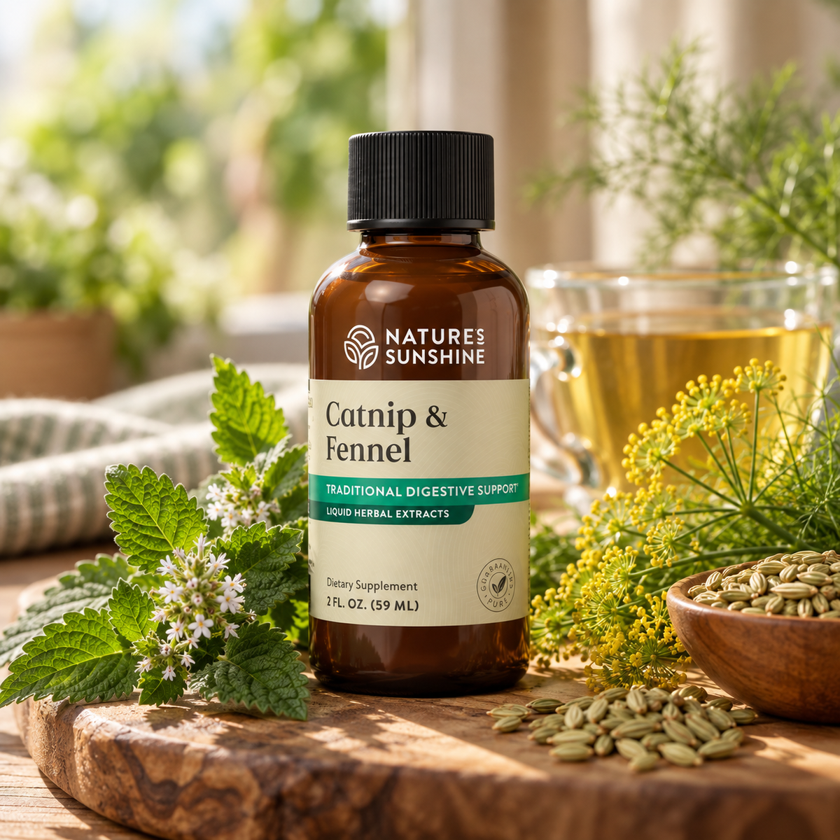 An amber glass bottle of Nature's Sunshine Catnip & Fennel herbal supplement, styled on a wooden cutting board with fresh catnip leaves, seeds, and a glass of golden liquid in a warm, blurred outdoor setting.