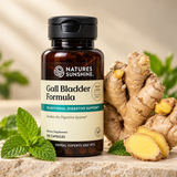 A bottle of Nature's Sunshine Gall Bladder Formula dietary supplement, styled with fresh mint leaves, ginger root, and sliced ginger on a stone surface.