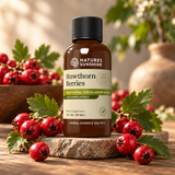 A bottle of Nature's Sunshine Hawthorn Berries liquid herbal extract supplement, styled on a rustic wooden surface with fresh red berries and green leaves.
