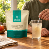 Nature's Sunshine Nature's Three dietary supplement pouch on a wooden table next to a glass of herbal tea being stirred by a person in a kitchen setting.